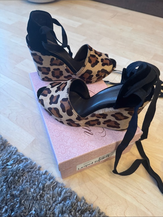 Theodora & Callum Shoes - Theodora & Callum Leopard Print Wedge Sandals with Black Ankle Ties